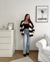 Grobe Strickjacke mit Streifen Schwarz/Beige