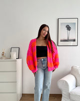 Grobe Strickjacke mit Streifen Pink/Orange