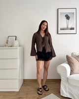 Waffle Bluse mit Schleifen und Streifen Braun