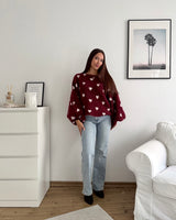 Ballon Strickpullover mit kleinen Herzen Weinrot