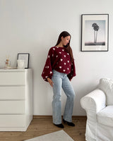 Ballon Strickpullover mit kleinen Herzen Weinrot