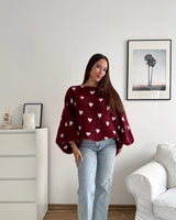 Ballon Strickpullover mit kleinen Herzen Weinrot