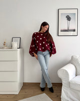 Ballon Strickpullover mit kleinen Herzen Weinrot