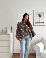 Ballon Strickpullover mit kleinen Herzen Hellbraun
