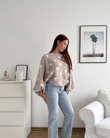 Ballon Strickpullover mit kleinen Herzen Taupe