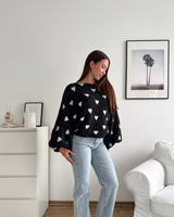 Ballon Strickpullover mit kleinen Herzen Schwarz