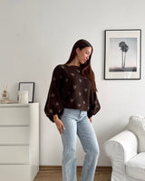 Ballon Strickpullover mit kleinen Herzen Braun