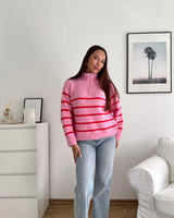 Halfzip mit Streifen Rosa/Rot