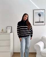 Halfzip mit Streifen Schwarz/Beige