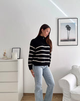 Halfzip mit Streifen Schwarz/Beige