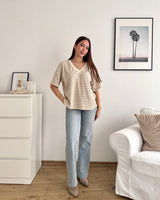 T-Shirt V-Ausschnitt gestreift Strick Taupe