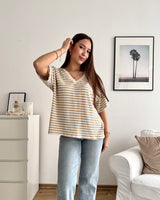 T-Shirt V-Ausschnitt gestreift Strick Taupe