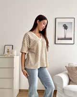 T-Shirt V-Ausschnitt gestreift Strick Taupe