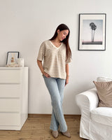 T-Shirt V-Ausschnitt gestreift Strick Taupe