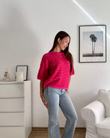 Kurzarm Strickpullover gestreift Rot/Pink