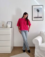Kurzarm Strickpullover gestreift Rot/Pink