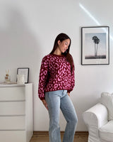 Oversized Strickpullover mit Leomuster Weinrot/Rosa