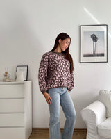 Oversized Strickpullover mit Leomuster Hellbraun/Rosa