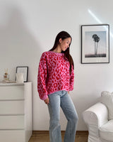 Oversized Strickpullover mit Leomuster Rosa/Rot