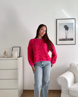 Oversized Strickpullover mit Leomuster Pink/Rot