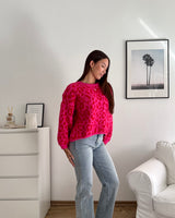 Oversized Strickpullover mit Leomuster Pink/Rot