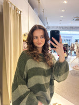 Oversized Strickpullover Gestreift Olive