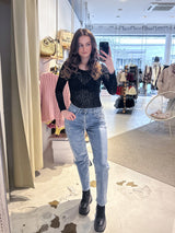 Mom Jeans mit Steinchen Blau