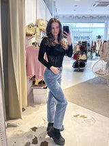 Mom Jeans mit Steinchen Blau