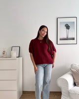 Kurzarm Oversized Strickpullover Weinrot