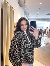 Oversized Bomberjacke mit Leomuster Beige