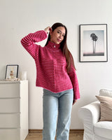 Strickjacke mit Zipper fein gestreift Pink/Rot