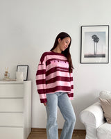 Longsleeve New York mit Streifen Weinrot/Rosa