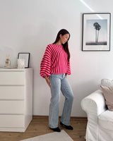 Ballon Strickpullover mit Streifen Rosa/Rot