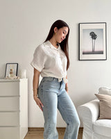 Cropped Bluse mit Muster Creme