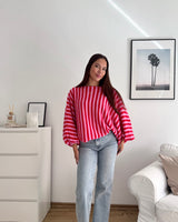 Ballon Strickpullover mit Streifen Rosa/Rot