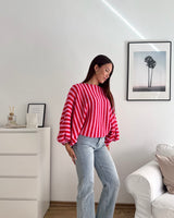 Ballon Strickpullover mit Streifen Rosa/Rot