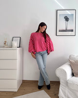 Ballon Strickpullover mit Streifen Rosa/Rot