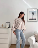 Ballon Strickpullover mit Streifen Beige/Taupe