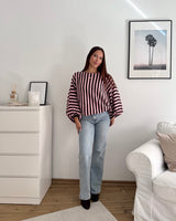 Ballon Strickpullover mit Streifen Braun/Rosa
