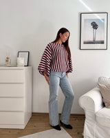 Ballon Strickpullover mit Streifen Braun/Rosa