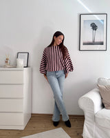 Ballon Strickpullover mit Streifen Braun/Rosa