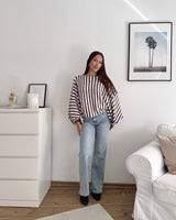 Ballon Strickpullover mit Streifen Hellbraun/Hellrosa