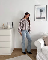 Ballon Strickpullover mit Streifen Hellbraun/Hellrosa