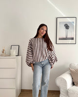 Ballon Strickpullover mit Streifen Hellbraun/Hellrosa