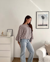 Ballon Strickpullover mit Streifen Hellbraun/Hellrosa