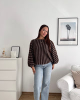 Ballon Strickpullover mit Streifen Braun/Hellbraun