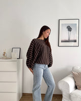Ballon Strickpullover mit Streifen Braun/Hellbraun