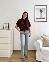 Cropped Bluse mit Knoten Braun