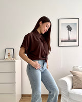 Cropped Bluse mit Knoten Braun