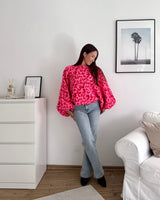Ballon Strickpullover mit Leomuster Pink/Rot